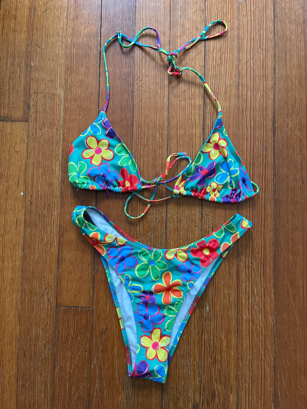 NWOT Heavy Manners Linus Bikini SET Blue Orange Yellow Green Flower Print Floral - Picture 3 of 6